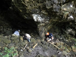 サイパン島バンザイクリフの洞窟付近で遺骨を捜索する団員